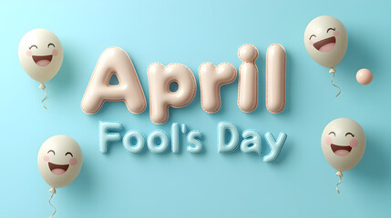 April Fool Day celebration with cheerful balloons and playful text. design features smiling faces and light blue background, creating fun and festive atmosphere