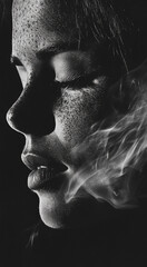 Woman with freckles exhaling smoke in a dramatic black and white portrait captured in low light