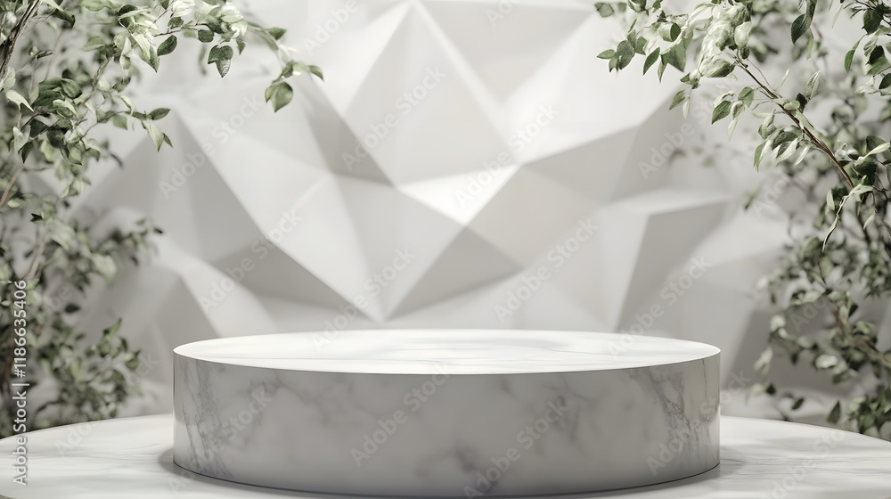 Poster elegant 3d white and gray cylinder stand podium with overlapping triangles perfect for product displ
