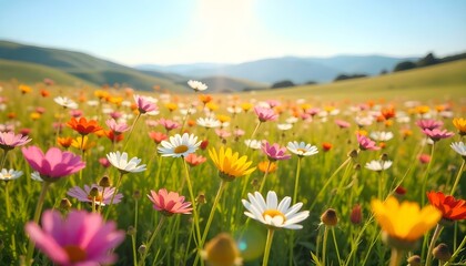 A warm, sunlit meadow filled with wildflowers in various colors