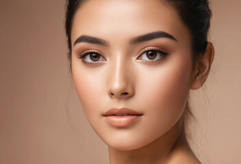 Fototapeta premium Elegant portrait of an american woman with glowing skin and natural makeup. Perfect for beauty, skincare, and cosmetics promotions, showcasing high-quality and natural beauty concepts.