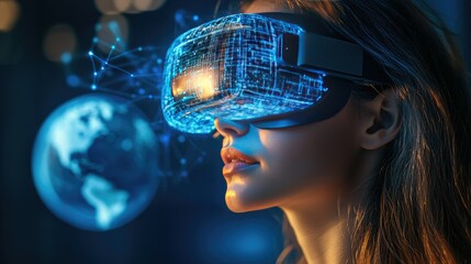Woman wearing VR headset, experiencing global digital world.