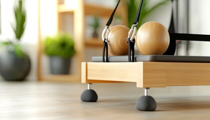 Wooden pilates reformer footbar with roll-down bar in a studio setting.