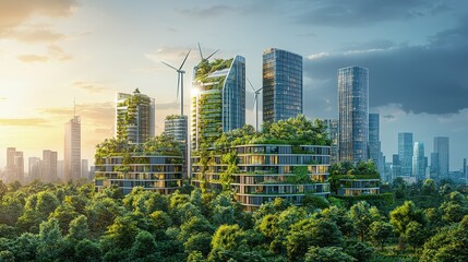 A city skyline with buildings featuring green facades, wind turbines, and solar panels, showcasing sustainable engineering and the integration of green infrastructure in urban planning.