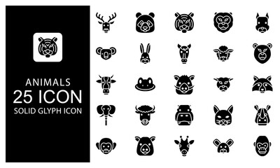 Animals Head Element Solid Glyph Icon vector illustration bundle. Solid Black Glyph icon Package.