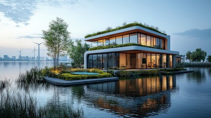 Obraz premium A city under development with green roofs, wind turbines, and water-efficient technologies, illustrating the implementation of innovative green engineering projects.