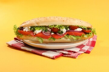 Delicious baguette with salmon on yellow background