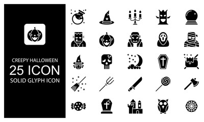 Creepy Halloween element Solid Glyph Icon vector illustration bundle. Solid Black Glyph icon Package.
