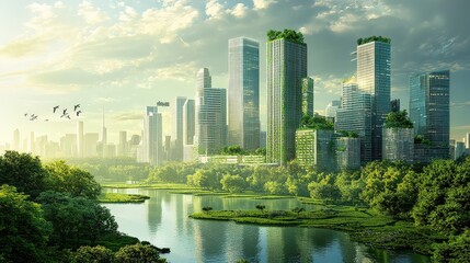 Fototapeta premium A clean and green city skyline with advanced green technologies, energy-efficient buildings, and green corridors, illustrating a commitment to sustainability and nature.