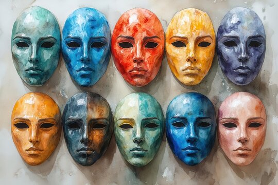vibrant watercolor collection of ancient greek drama masks depicting various emotions from joy to sorrow, hand-painted theater face expressions