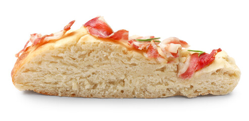 Piece of focaccia bread with bacon and rosemary isolated on white