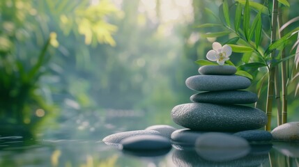 Zen Garden Tranquility: A perfectly balanced stack of smooth gray stones sits atop a tranquil pond in a serene garden setting, a delicate white orchid blooms nearby, adding a touch of elegance.