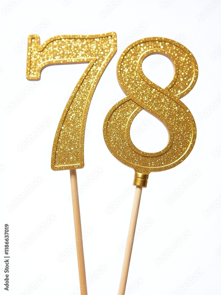 Poster Gold Topper With Shiny Numbers Seven And Eight On A Stick Isolated On A Clean White Background With Clipping Path Available. 00003