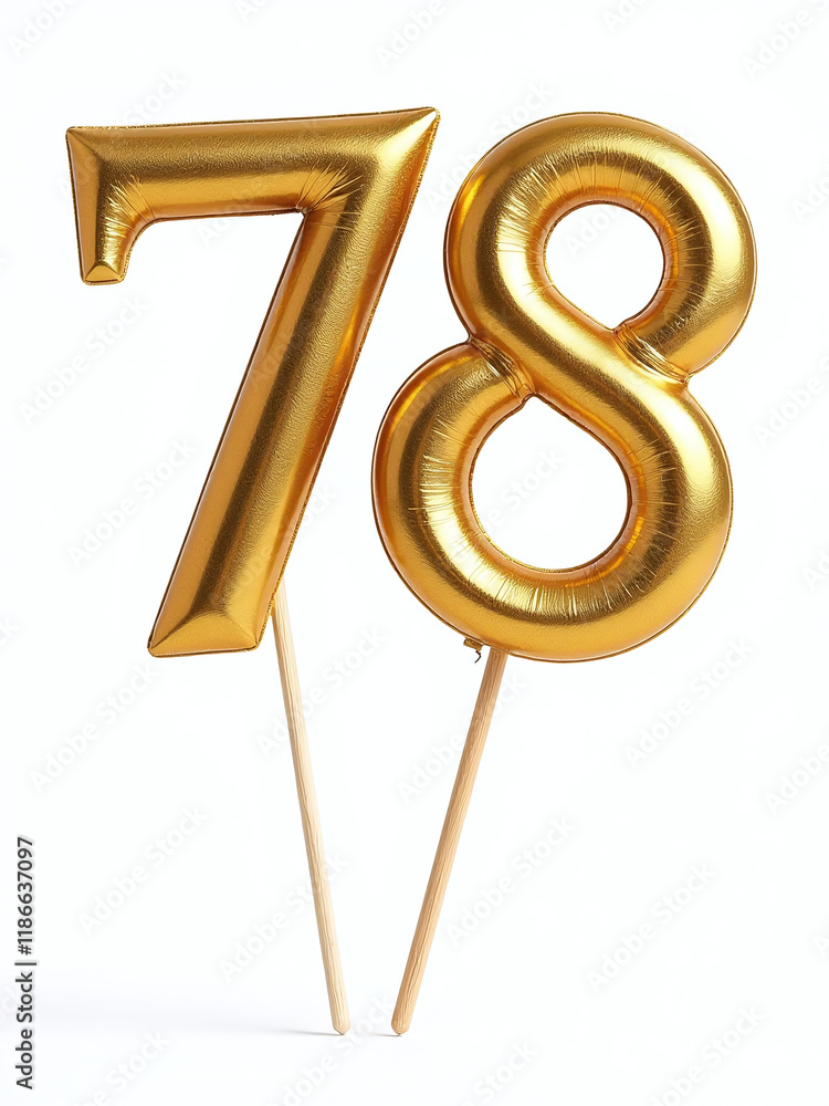 Poster Gold Topper With Shiny Numbers Seven And Eight On A Stick Isolated On A Clean White Background With Clipping Path Available. 00002