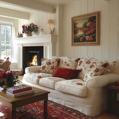 [Cozy Living Room Interior Design] Cozy Living Room with Warm Ambiance Plush Sectional Sofa, Floral Cushions, Wooden Coffee Table, and Natural Sunlight.