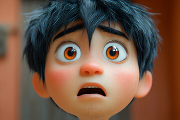 Close-up portrait of a young boy's fearful expression, digitally rendered with realistic detail, conveying a sense of worry and vulnerability.