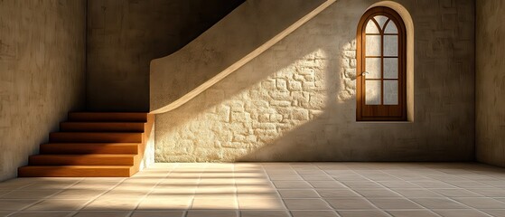 [Stained Glass Staircase Interior] Historic Staircase Leading to Serene Room with Natural Light and Stained Glass