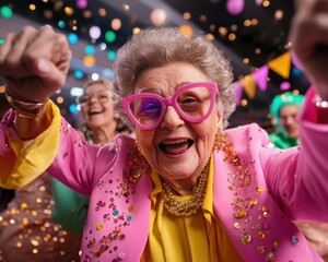 Joyful Seniors Dance Under Twinkling Fairy Lights at Retirement Party A Celebration of Life, Laughter, and New Beginnings Colorful Banners, Happy Retirement Cake, and Festive Atmosphere Capture the