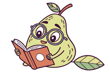A pear wearing glasses and reading a book as a mascot logo
