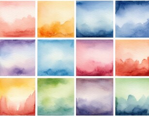 A grid of 12 vibrant watercolor squares, showcasing soft gradients in hues of red, blue, purple, yellow, and green.
