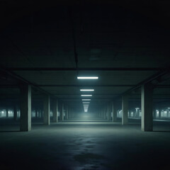 Estacionamiento subterráneo vacío con luces fluorescentes creando una atmósfera sombría y desoladora
