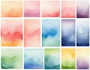 An arrangement of 16 soft, blended watercolor swatches in various pastel and vibrant colors, evoking a serene and artistic feel.