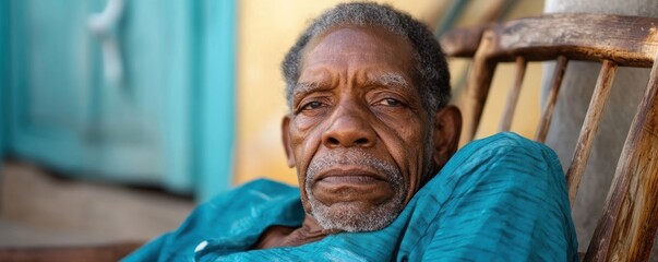 Naklejka premium Portrait of an Elderly Man A Timeless Image of Wisdom and Peace An elder man with a kind face, seated in a rustic chair, his eyes reflecting timeless wisdom and peacefulness This evocative photograph