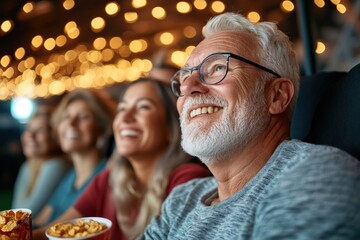 Positivity in connection Seniors enjoying an outdoor movie night under the stars with blankets and snacks This heartwarming image captures the joy of shared experiences, community bonding, and the