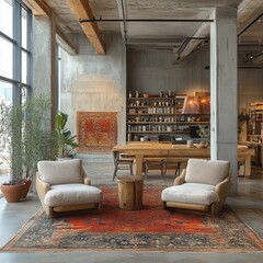 [Interior loft photography with modern furniture setup] Modern Loft Interior with Exposed Ducts & Natural Light