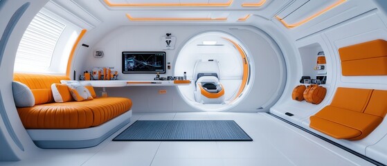 [Futuristic white room design for waiting and relaxation in modern hospital setting]  Futuristic White Room with Modern Design & Minimalist Technology for Healthcare Facility Concept