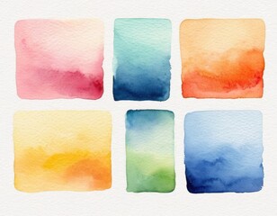 A grid of six soft, colorful watercolor squares in shades of pink, blue, orange, yellow, green, and navy, showcasing gentle blending.