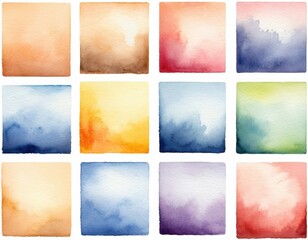 A grid of twelve watercolor squares showcasing a range of soft, blended colors including peach, blue, green, and purple.
