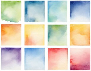 A grid of 12 watercolor backgrounds in soft, blended colors, including greens, blues, yellows, oranges, purples, and reds.