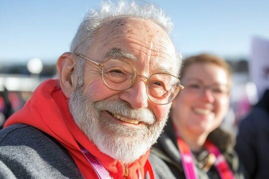 Triumphant Seniors Celebrate Charity Walk Success Smiling faces, gleaming medals, and celebratory banners mark the joyous conclusion of a charity walk Friends and supporters cheer as senior
