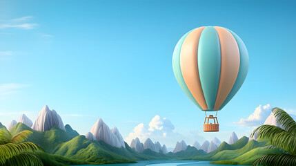 Obraz premium vibrant scene of hot air balloon floating over lush green mountains and serene river, capturing beauty of nature and adventure in sky