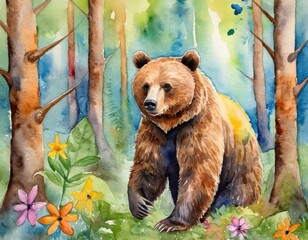 A brown bear walks through a colorful forest, surrounded by vibrant flowers and tall trees, in this serene watercolor painting.