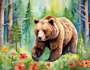 A realistic watercolor painting of a brown bear walking through a lush forest with vibrant wildflowers.