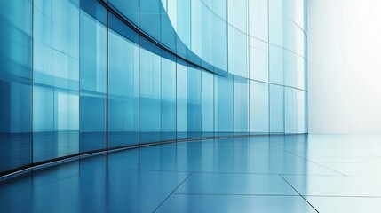 Modern curved glass building exterior with reflective floor.
