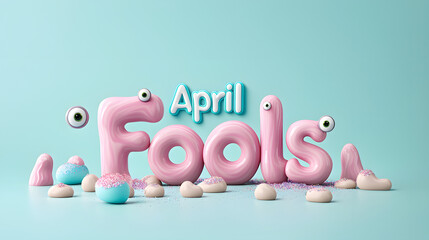 Whimsical 3D text effect featuring playful letters spelling April Fools with colorful eyes and candy like decorations, creating fun and festive atmosphere