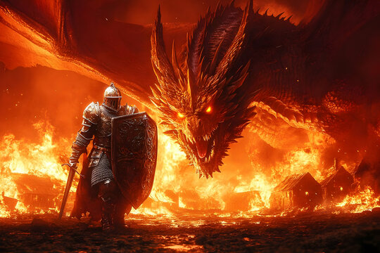 Fototapeta Brave Knight Facing a Fiery Dragon in a Destructive Inferno