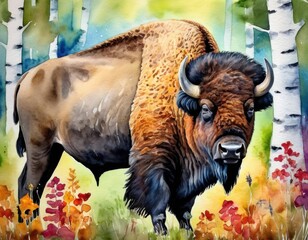A majestic bison stands amidst colorful foliage and birch trees in a vibrant watercolor landscape.