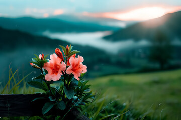 Obraz premium A beautiful pink flower is in the foreground of a lush green field