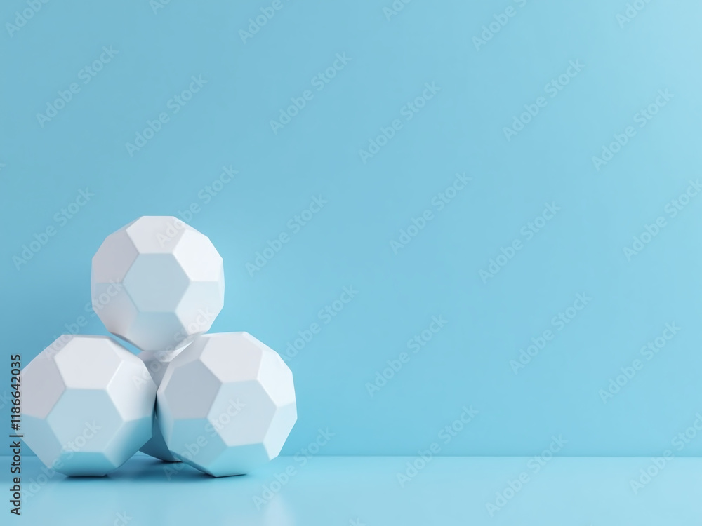 Poster geometric white balls with a 3d shape are placed against a blue background in an abstract banner des