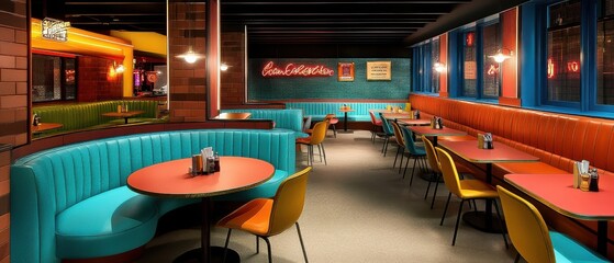[Modern restaurant interior design] Vibrant Modern Restaurant Bar Interior with Bright Blue Walls, Green Accents, and Comfortable Seating Areas