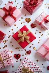 A festive collection of gift boxes with ribbons and bows for celebrations and holidays.