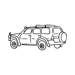 Hand drawn car, ink pen vector illustration jeep isolated on white background, outline sign for travel design