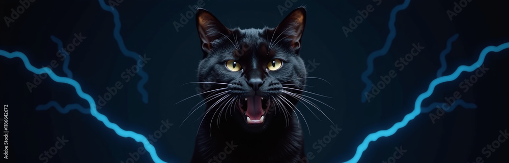 Poster Furious Black Cat Isolated Against A Black Background With Blue Electric Lightnings In The Background Created Using Ai Technology. 00001
