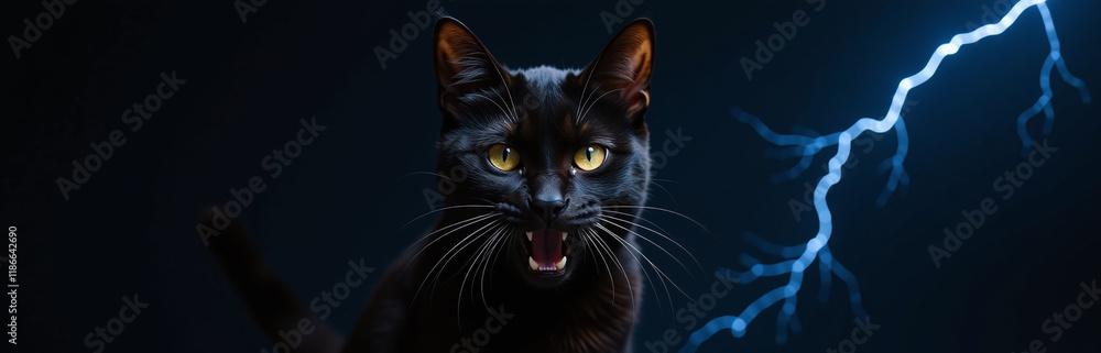 Poster Furious Black Cat Isolated Against A Black Background With Blue Electric Lightnings In The Background Created Using Ai Technology. 00002