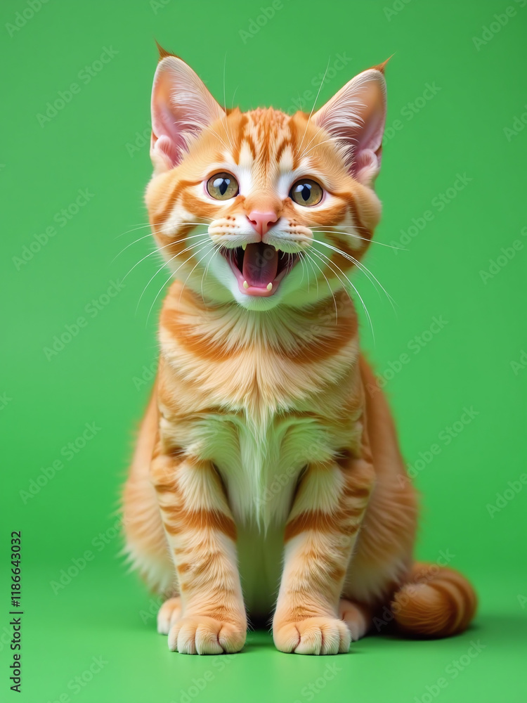 Poster funny cat isolated on a green background, perfect for web banner templates and copy space designs to