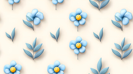 Obraz premium Minimalist watercolor forget me nots in light blue with green leaves create serene pattern. Perfect for backgrounds, textiles, and home decor